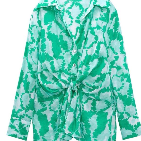 Zara green and white tie dye print tie wrap blouse - Picture 1 of 5